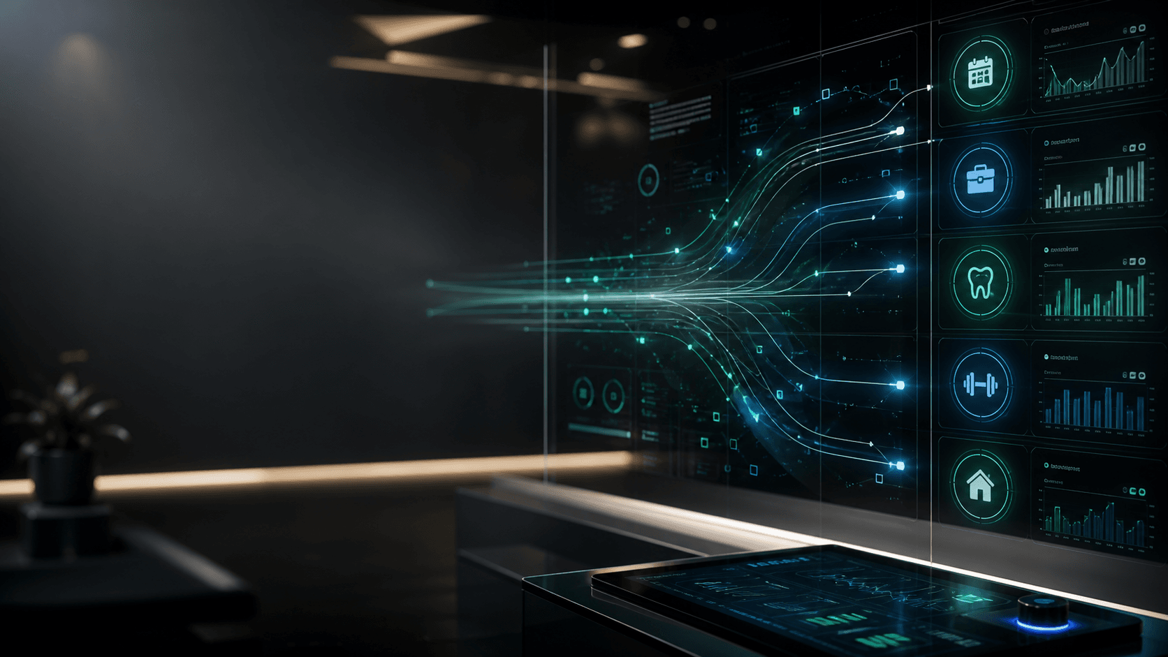 Abstract AI operations dashboard showing leads becoming booked appointments